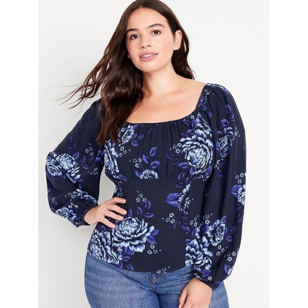 Old Navy Floral Babydoll Blouse XL Square Neck Blue Long Sleeve Cottagecore